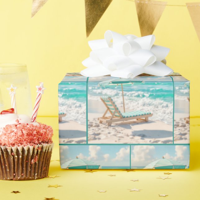 Papel De Presente Chaise Lounge Na Areia Do Oceano Branco (Festa de aniversário)