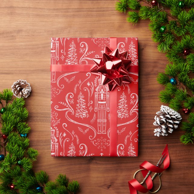 Papel De Presente Chalk doodle nutcracker Christmas Wrapping Paper (Presente de Natal)