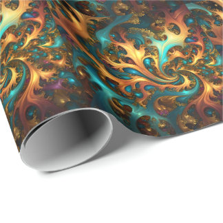 Papel De Presente Chama de Cor: Teal, Dourada, dança Fractal Laranja