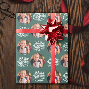 Papel De Presente Chamada de Natal Caligrafia Foto Redonda Verde