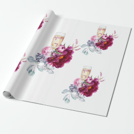 Papel De Presente Champagne Floral Magenta Antes do Anel Casamento