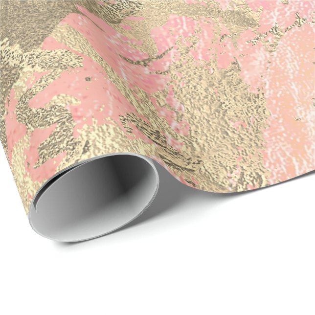 Papel De Presente Chanfro Rosa Dourado Marble Peach Traço Metálico (Ponta do rolo)