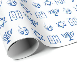 Papel De Presente Chanucá, azul e branco, padrão de feriado judeu