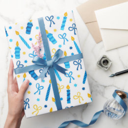 Papel De Presente Chanukah Candles Queimando Azul Branco Dourado