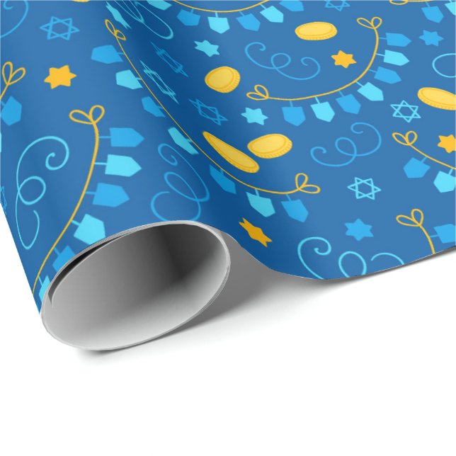 Papel De Presente Chanukah Dreidel Banners Gelt Oferece Estrelas Jud (Ponta do rolo)