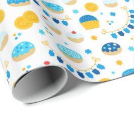 Papel De Presente Chanukah Dreidels Doughnut Azul Dourado
