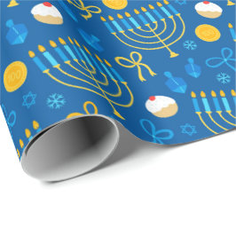 Papel De Presente Chanukah Menorah Gelt Dreidel Blue
