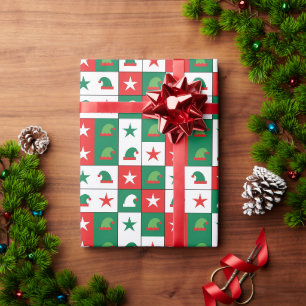Papel De Presente Chapéu de Elfo Vermelho e Verde Clássico com Xadre