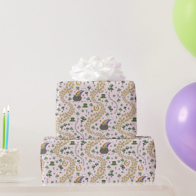 Papel De Presente Chapéu de Leprechaun Rosa Trevos (Presentes para festas)