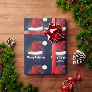 Papel De Presente Chapéu de Natal Vermelho Festivo Em Azul Com Texto