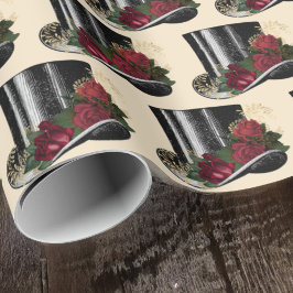 Papel De Presente Chapéu Steampunk com Natal de Rosas vermelhas