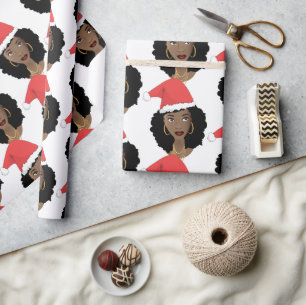 Papel De Presente Chapéu Vermelho Natal, Mulher Negra, Cabelo Natura