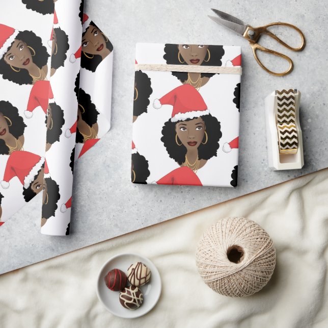 Papel De Presente Chapéu Vermelho Natal, Mulher Negra, Cabelo Natura (Artesanato)