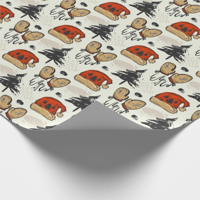 Papel De Presente Chapéus de Papai Noel, Mittens e Árvores (Ponta)