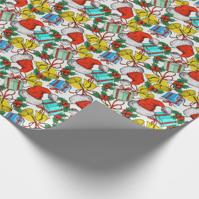 Papel De Presente Chapéus de Santa, Presentes e Sinos (Ponta)
