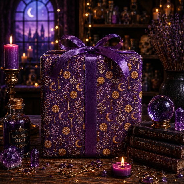 Papel De Presente Chave de Lua de Cristal Dourado Místico Roxo Fundo (Criador carregado)