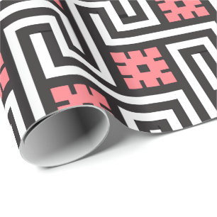 Papel De Presente Chave Grega Deco, Preta, Branca e Coral Rosa