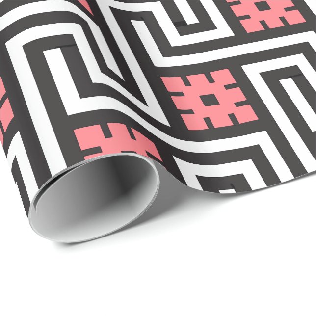Papel De Presente Chave Grega Deco, Preta, Branca e Coral Rosa (Ponta do rolo)