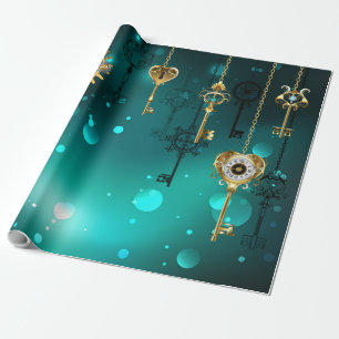 Papel De Presente Chaves de Esqueleto Anticas em Fundo Verde