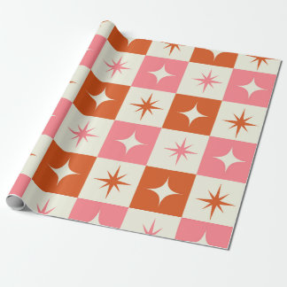 Papel De Presente Checkered Mid Century Atomic Stars Pink Orange 