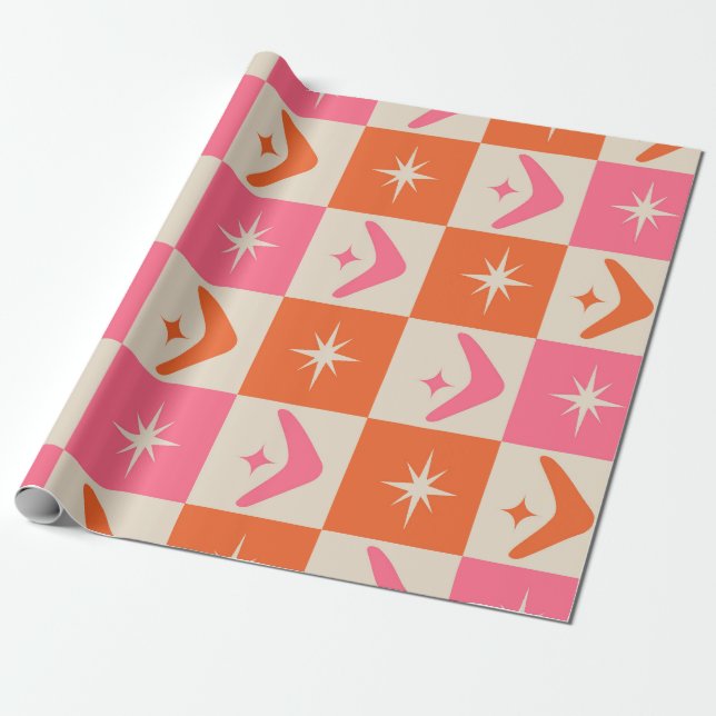 Papel De Presente Checkered Mid Century Boomerangs pink and orange  (Desenrolado)