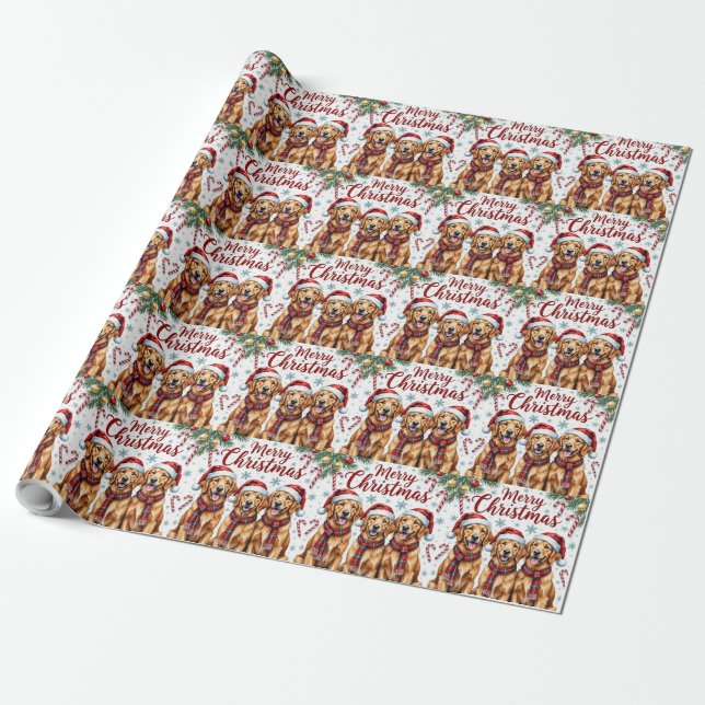 Papel De Presente Cheerful Golden Retriever Dogs Merry Christmas (Desenrolado)
