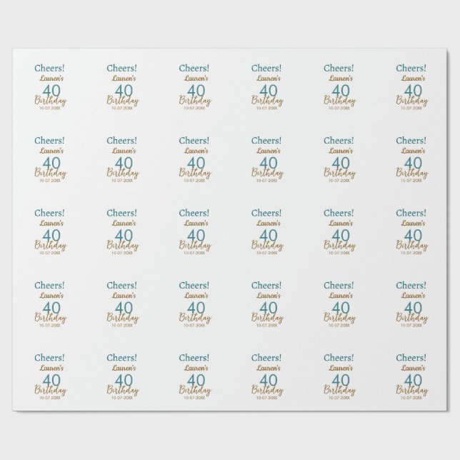Papel De Presente Cheers 40th birthday name date brown turquoise sim (Aberto)
