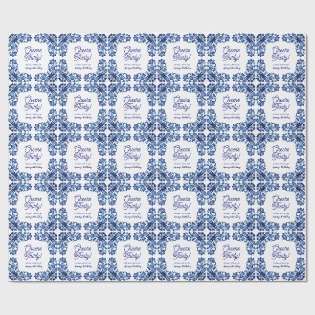 Papel De Presente Cheers thirty birthday royal blue floral border na (Aberto)