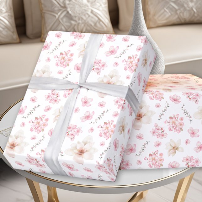 Papel De Presente Cherry Blossom Sakura Padrão Rosa Branco (Cherry Blossom Sakura Pattern Pink White Wrapping Paper)