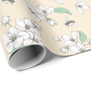 Papel De Presente Cherry Blossomas e Abelhas Antosas Branco Sem Olho