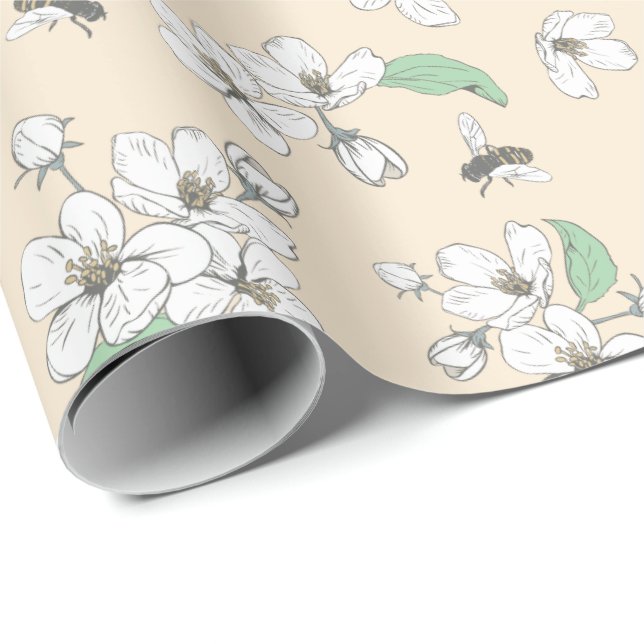 Papel De Presente Cherry Blossomas e Abelhas Antosas Branco Sem Olho (Ponta do rolo)