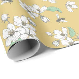 Papel De Presente Cherry Blossomas e Abelhas Satin Dourado sem costu