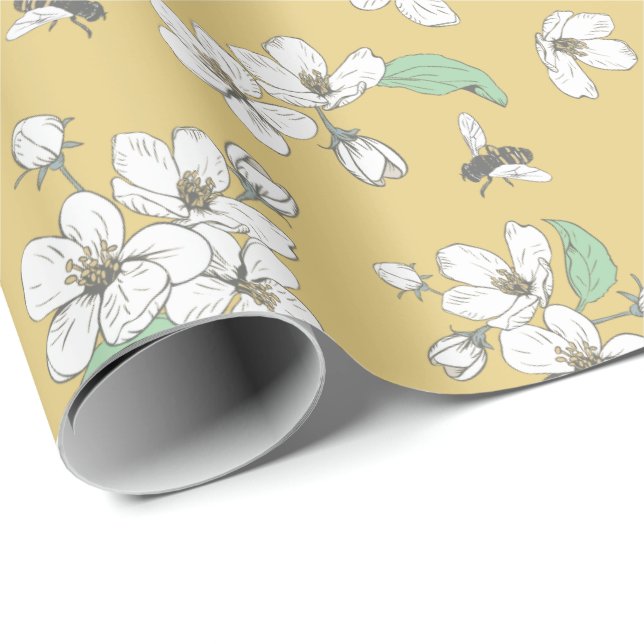 Papel De Presente Cherry Blossomas e Abelhas Satin Dourado sem costu (Ponta do rolo)