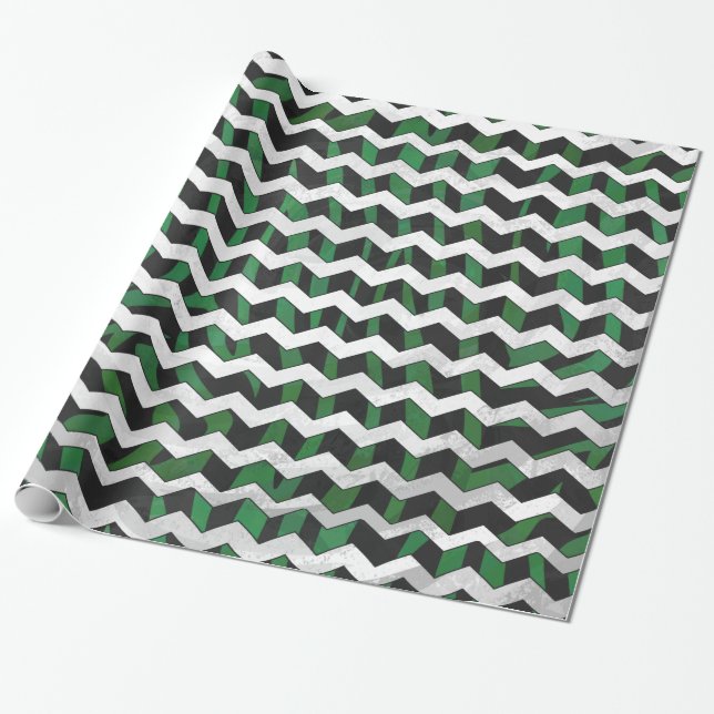 Papel De Presente Chevron Zebra Black e Green Impressão (Desenrolado)