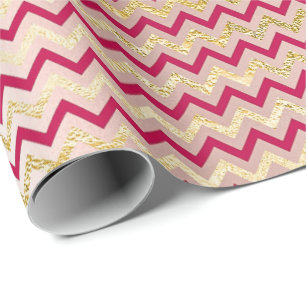 Papel De Presente Chevron Zig Zag Dourado - Cor Rosa Brilhante Metál