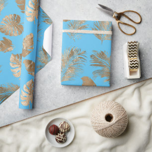 Papel De Presente Chic Aqua Blue Dourado Folhas Tropicais