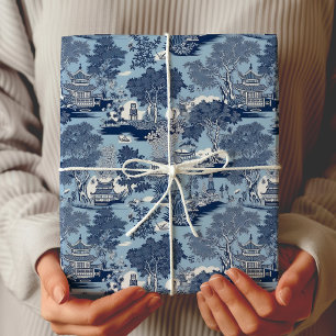 Papel De Presente Chic Azul Branco Chinoiserie Willow Toile Cottage