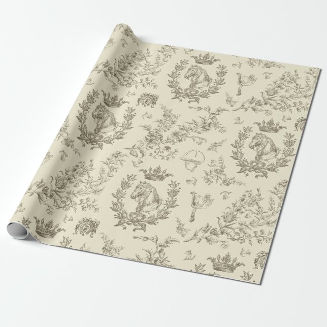 Papel De Presente Chic Beige Equestrian Toile Clássico Elegante (Desenrolado)