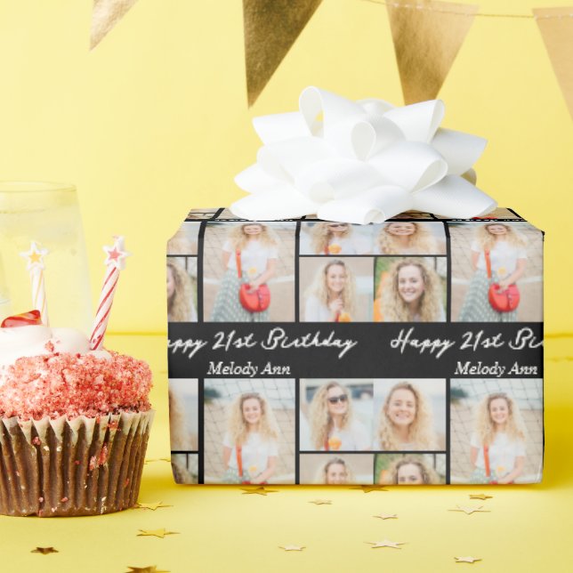 Papel De Presente Chic Black Happy Birthday Photo Collage (Festa de aniversário)