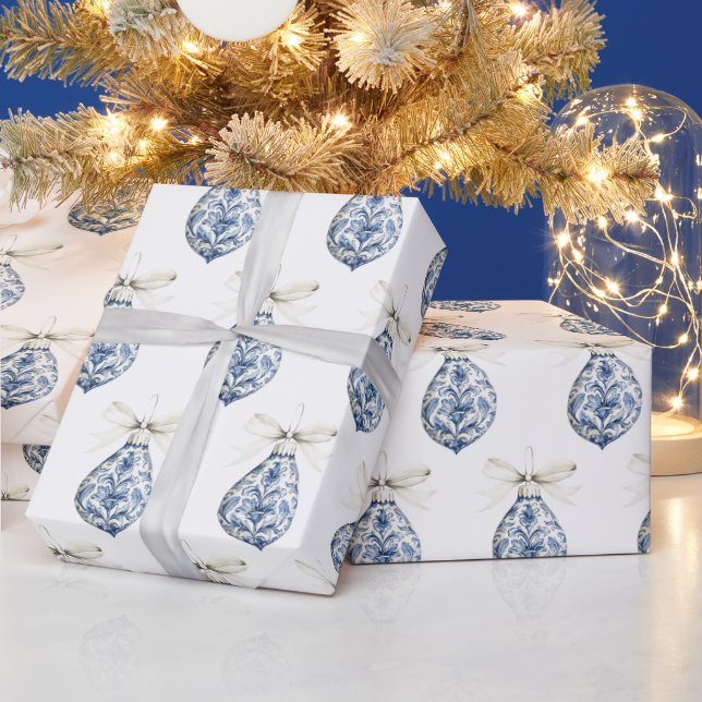 Papel De Presente Chic Blue White Bows Ornaments Christmas (Feriados)