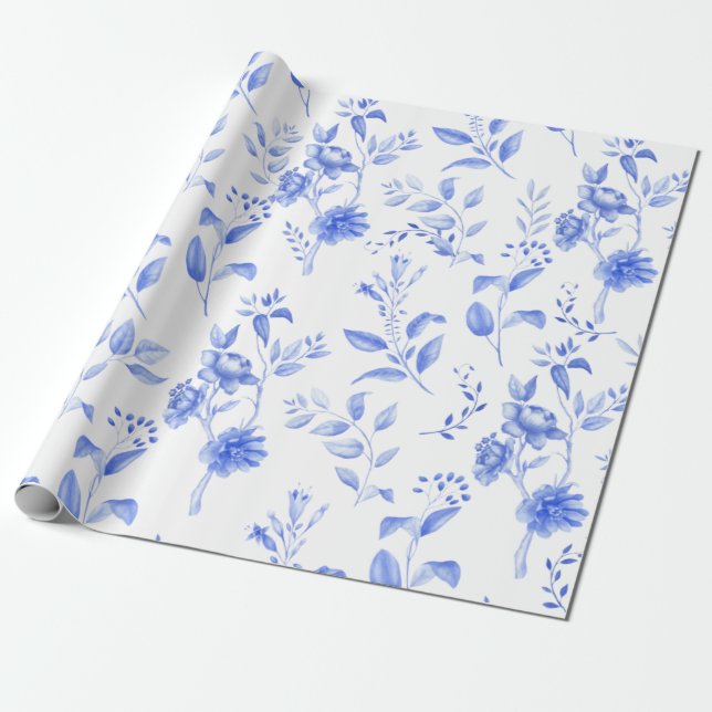 Papel De Presente Chic Blue White Chinoiserie Floral Porcelana (Desenrolado)