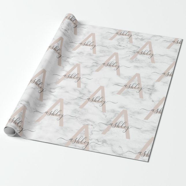 Papel De Presente Chic Blush White Marble Script Name Monogramo (Desenrolado)