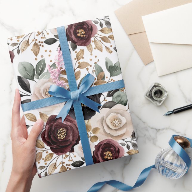 Papel De Presente Chic Chá de Noiva Floral Creme Burgundy (Presentear)