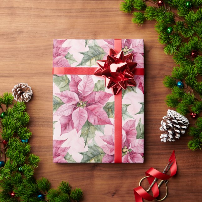 Papel De Presente Chic Christmas Pink Poinsettia Floral (Presente de Natal)