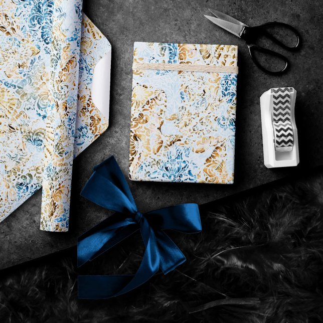 Papel De Presente Chic costal | Azul moderno e Dourado sob o mar (Criador carregado)