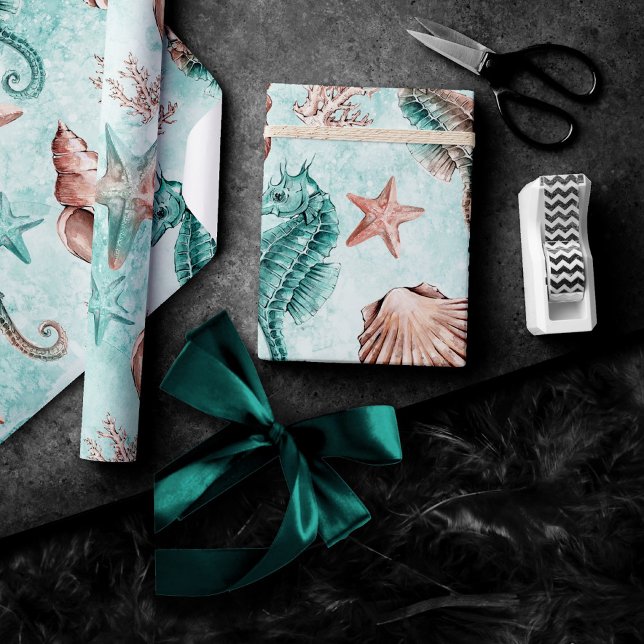 Papel De Presente Chic costal | Padrão de Pastel de Recifes de Teal  (Criador carregado)