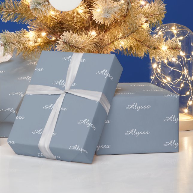 Papel De Presente Chic de nome de script personalizado azul Elegante (Feriados)