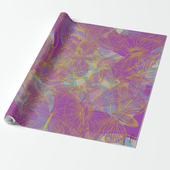 Papel De Presente Chic Dourada Borboleta Aqua Violet (Desenrolado)