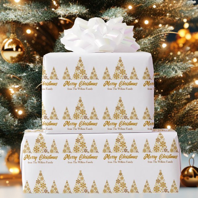 Papel De Presente Chic Dourado Snowflakes Feliz Árvore de Natal Pers (Criador carregado)