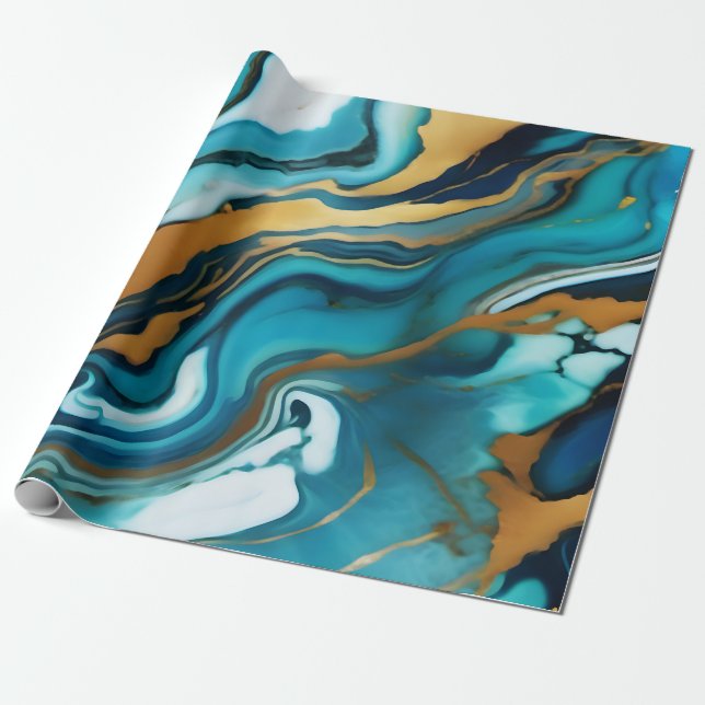 Papel De Presente Chic Elegante azul esverdeado dourado Faux Marble (Desenrolado)